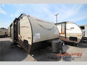 The  Cherokee Grey Wolf toy hauler travel trailer.